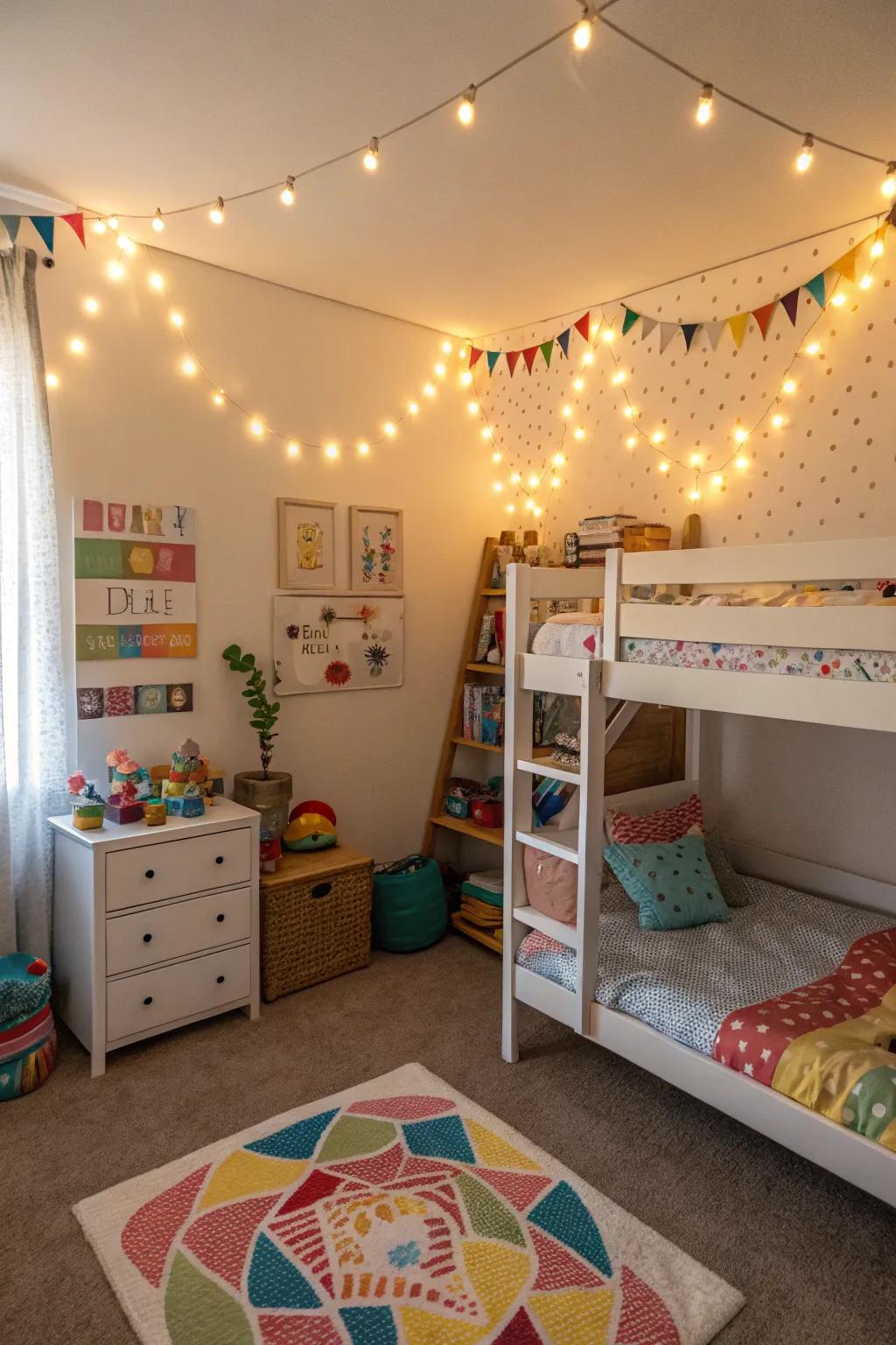 String lights add a whimsical ambiance to the shared area.
