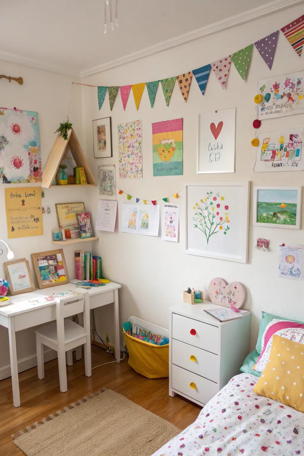 Handcrafted artwork adds a personal and creative dimension to the room.