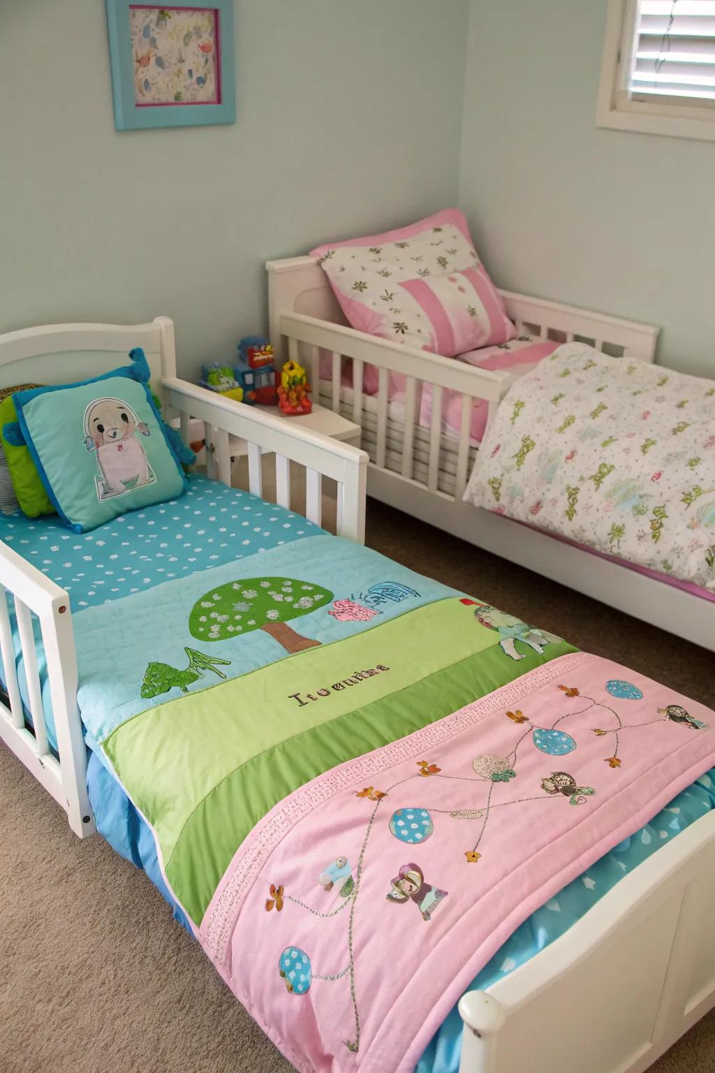 Personalized bedding adds individuality to the room.