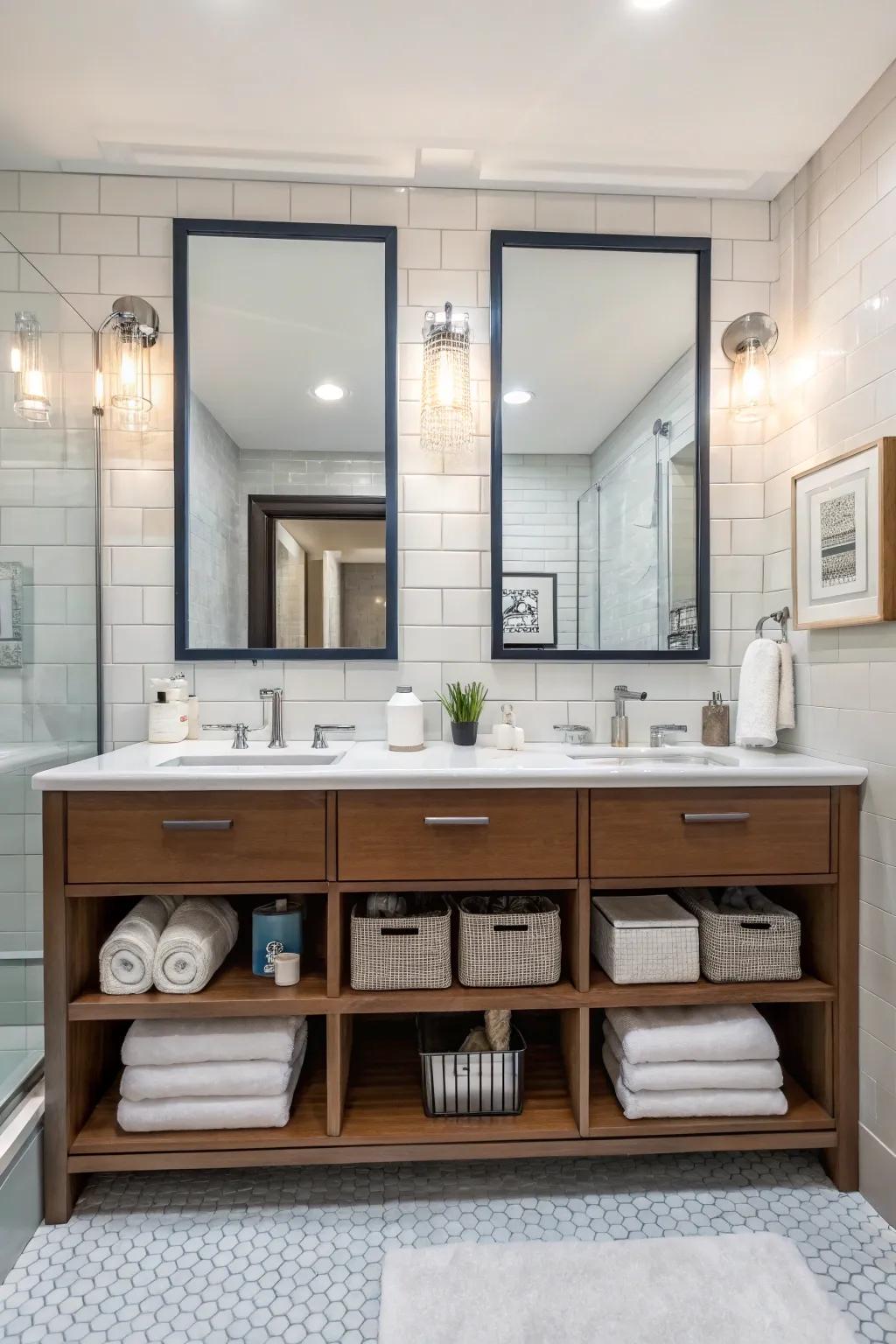A personalized vanity with visible storage is both stylish and practical.