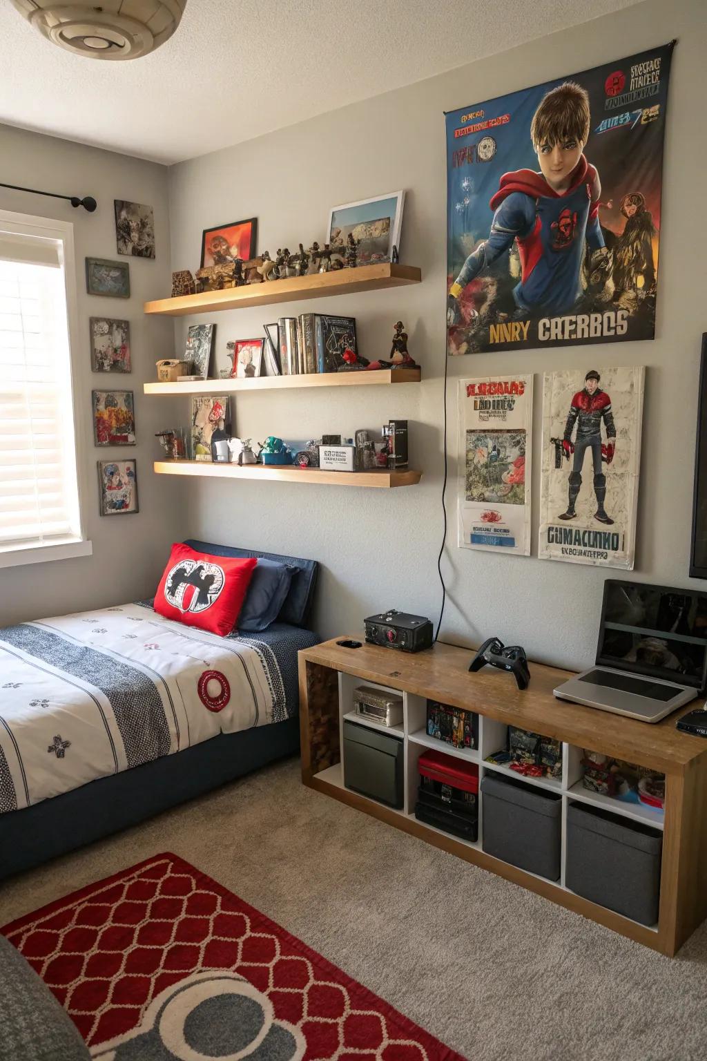 Floating shelves showcase collectibles while maximizing space.