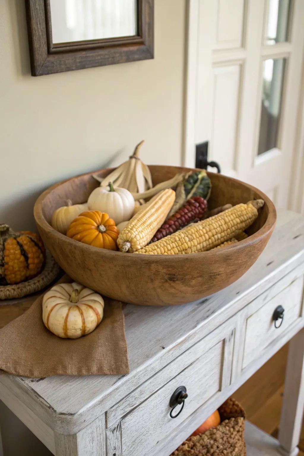 Rustic harvest charm featuring dried corn and pumpkins