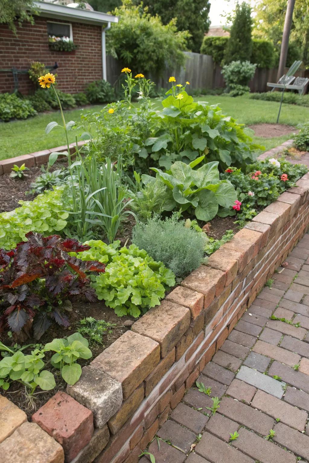 Brick beds with edibles blend beauty and practicality.