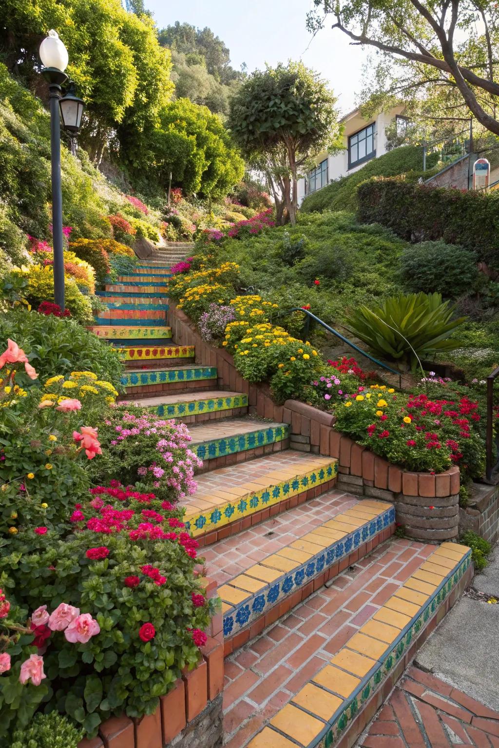 Vibrant brick steps contributing color to a garden trail.