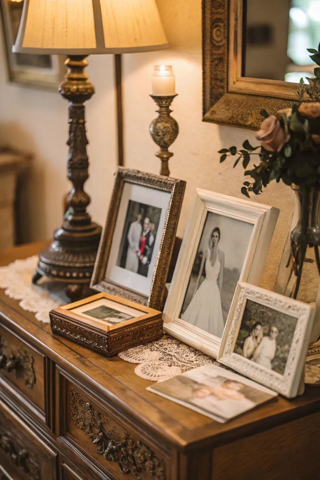 Nostalgic display featuring timeless image frameworks.