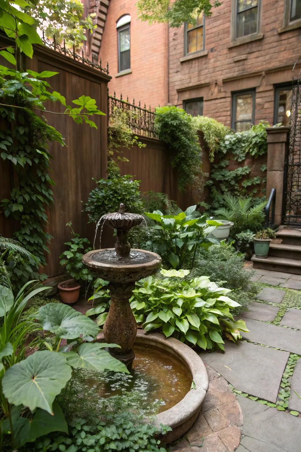 A water feature adds tranquility and charm to the backyard atmosphere.