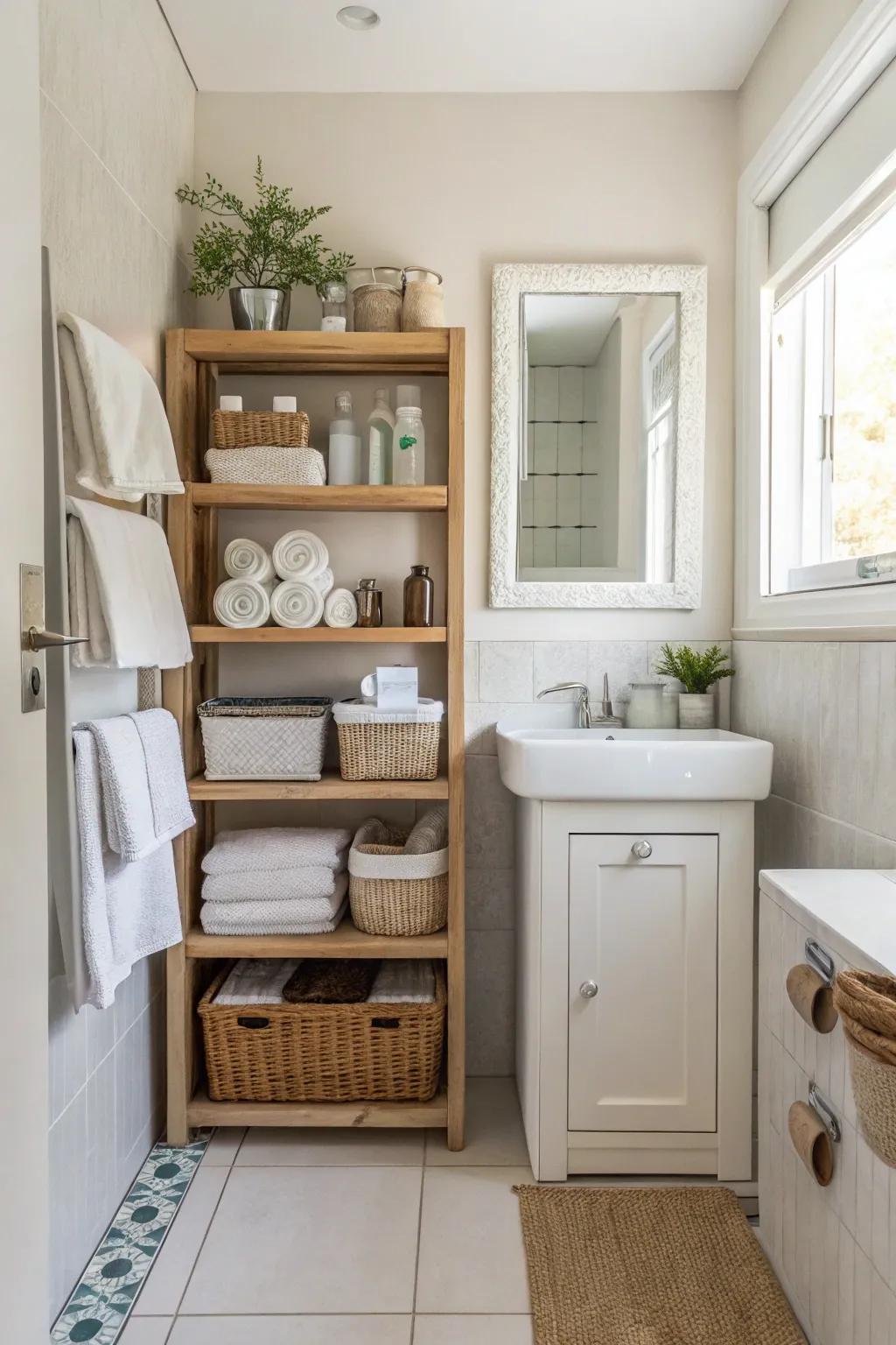 Exposed shelving provides accessible storage in a small bathroom.