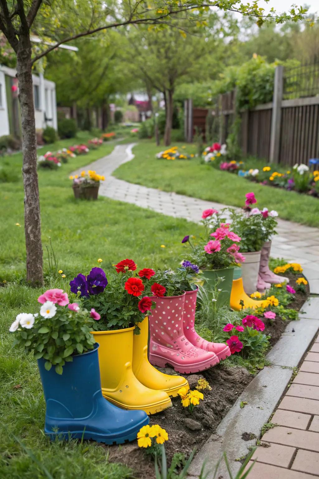 Old rain boots make for quirky and charming plant pots.