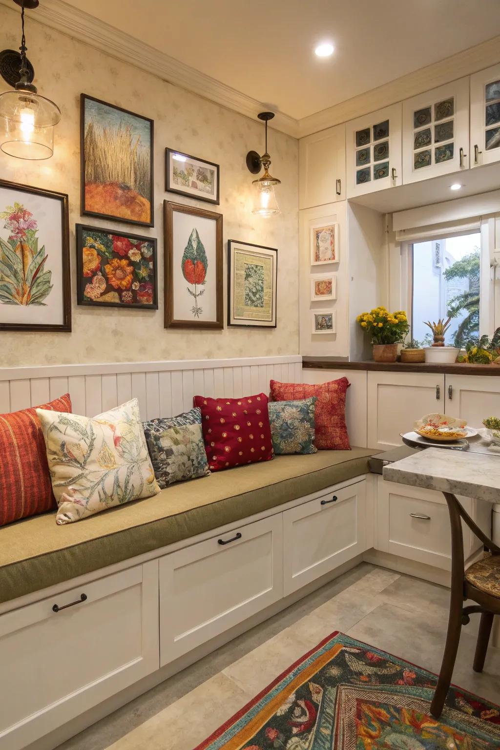Banquette seating with an artistic flair for a customized kitchen.