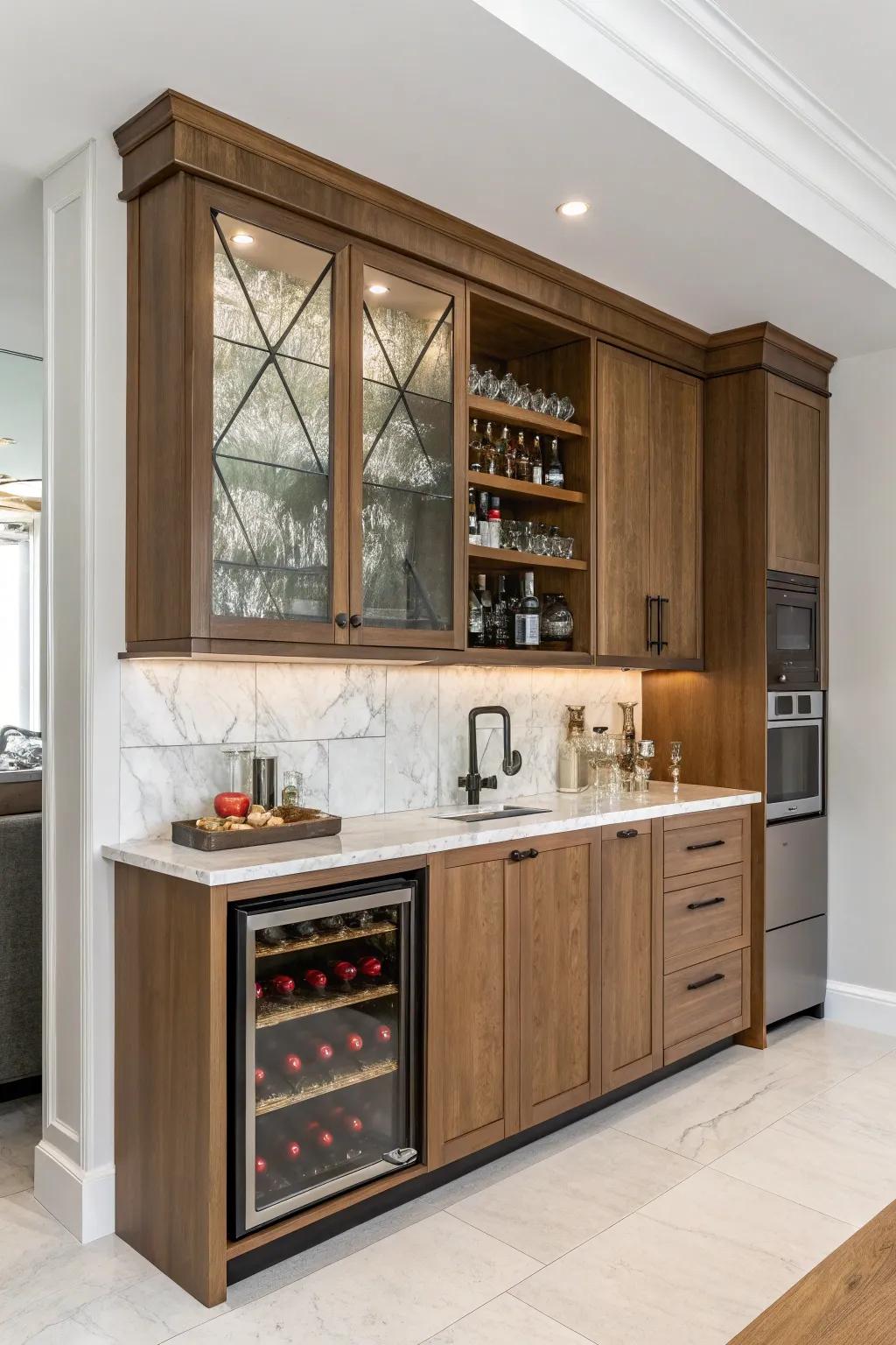 A combination of textures introduces dimension and individuality to this built-in bar.