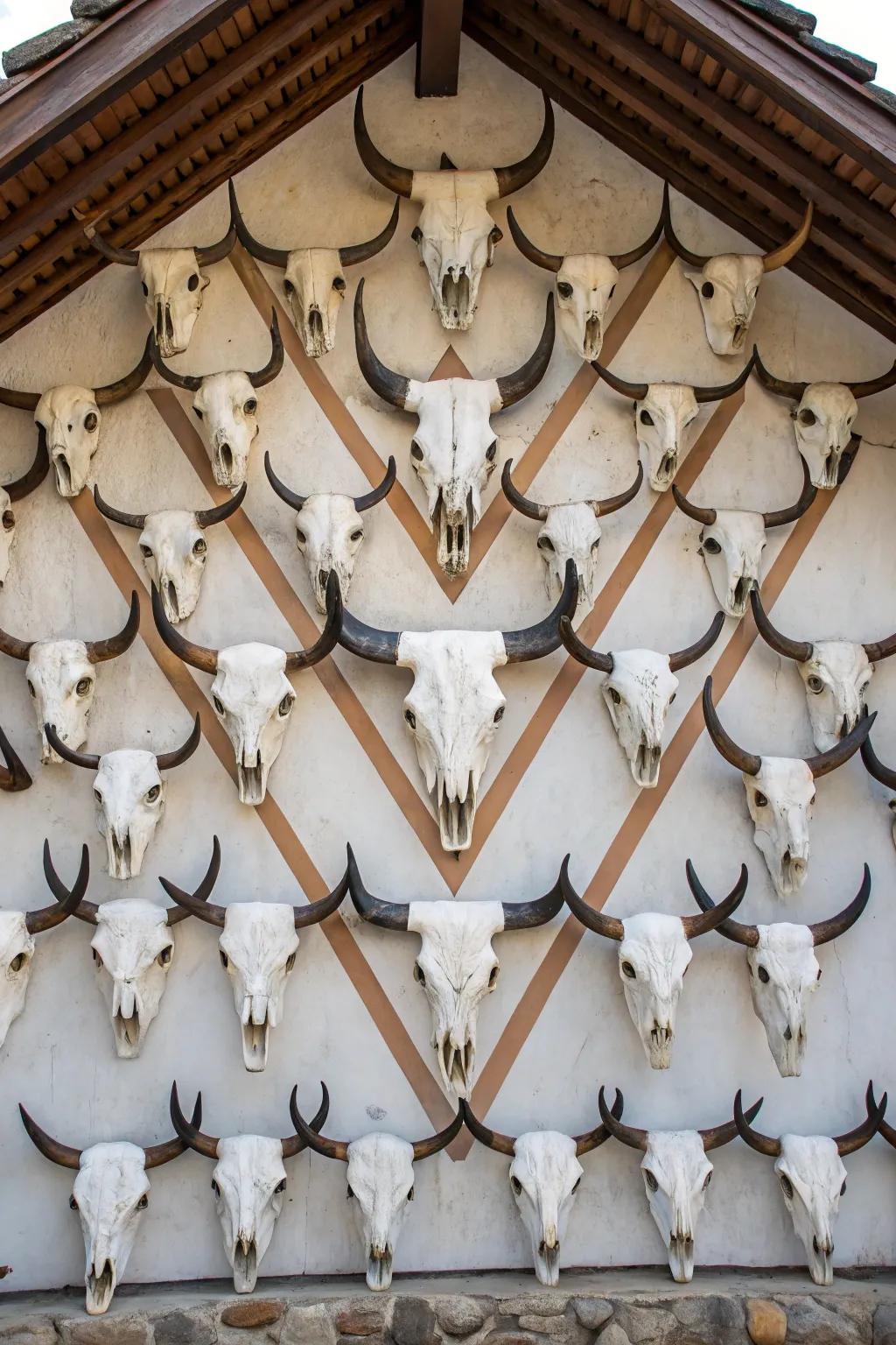 Geometric arrangement of cow skulls for visual effect.