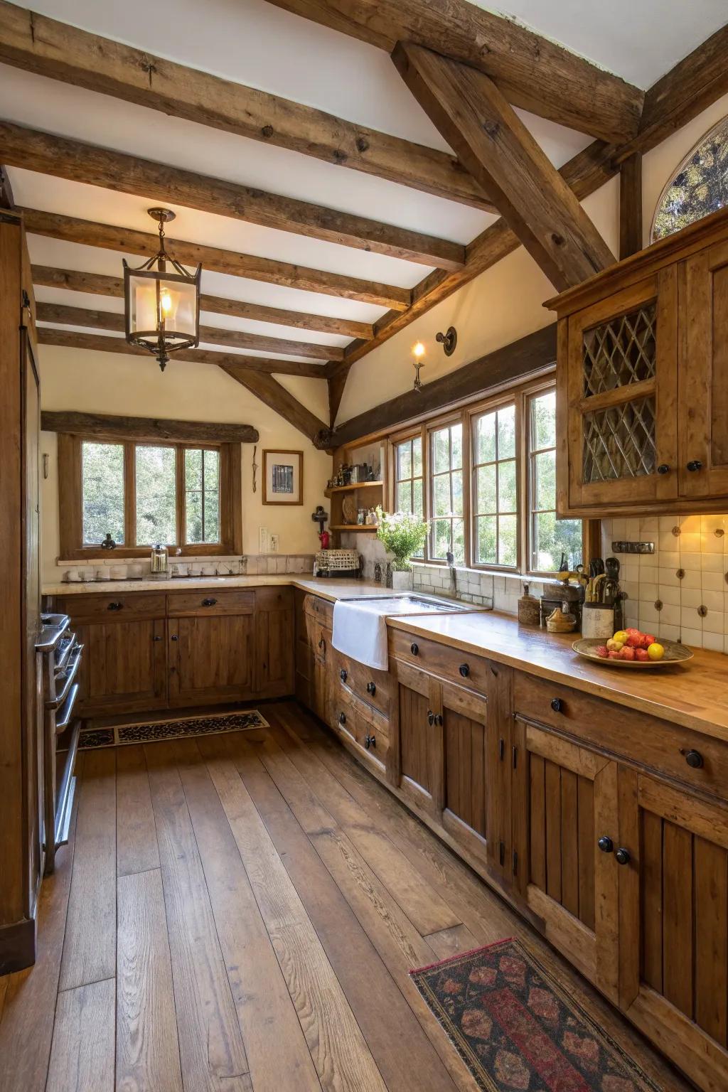 A cottage kitchen highlighting its unique architectural features.