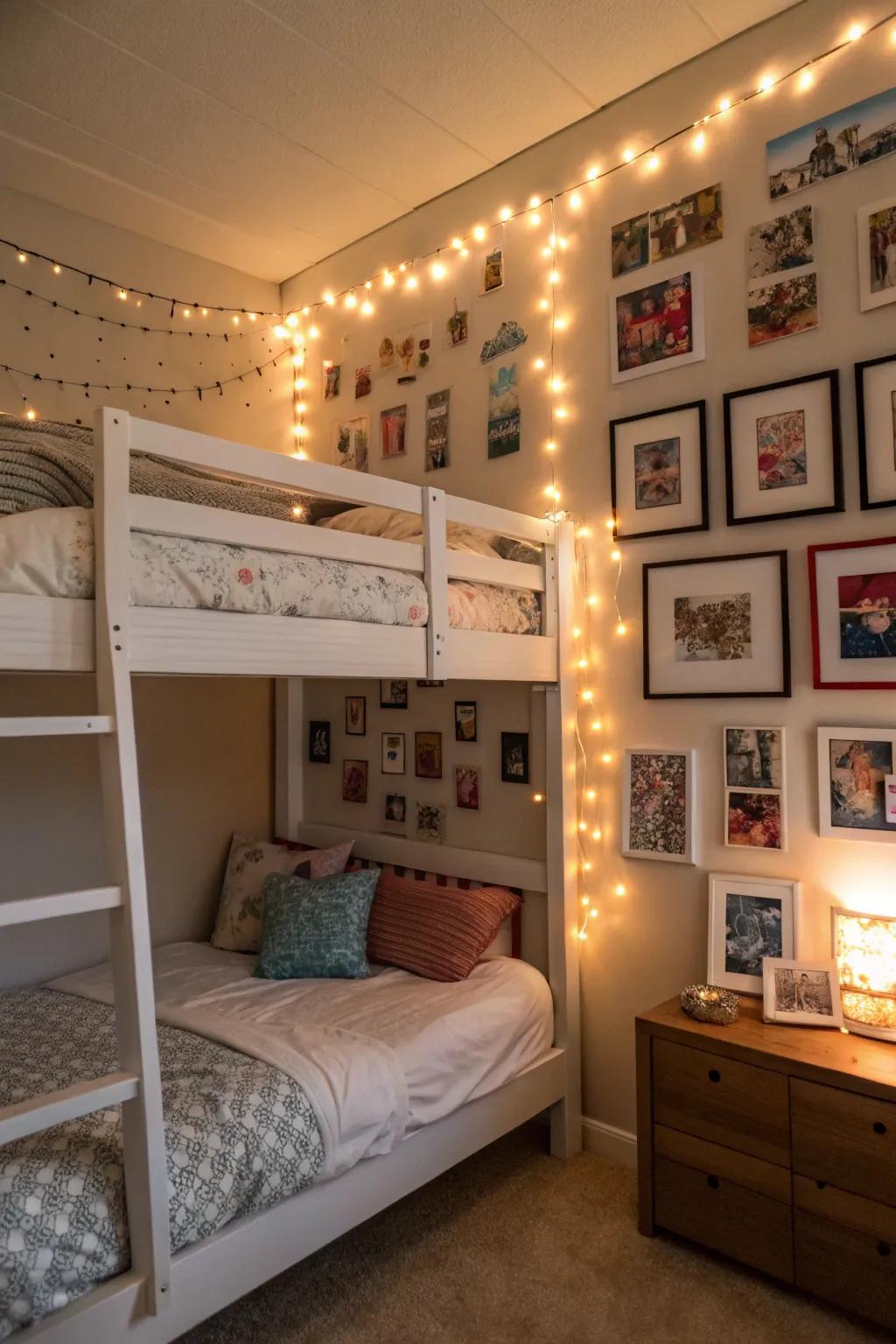 A picture wall featuring lights introduces a personal detail.
