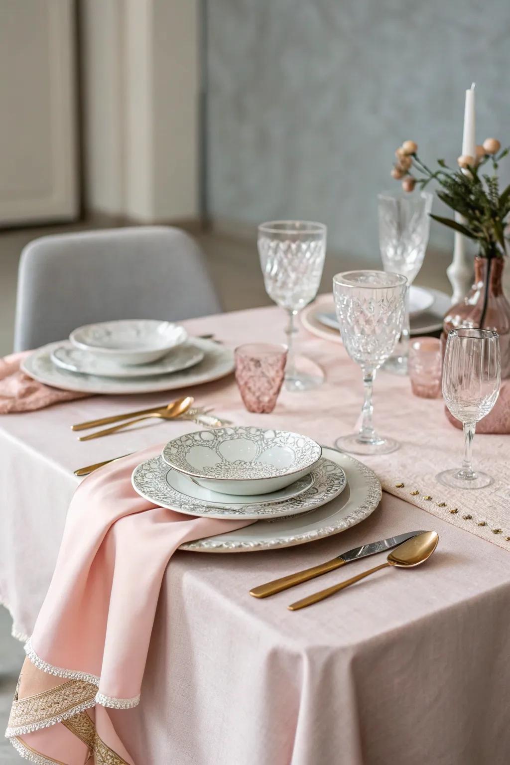 Soft-toned table covers create a soft, serene setting for the shower.