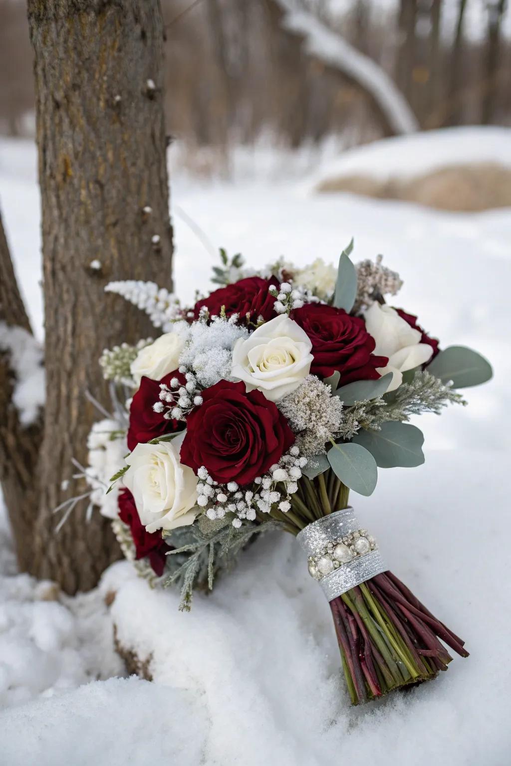 Winter-inspired deep red bouquet accented with white and silver.