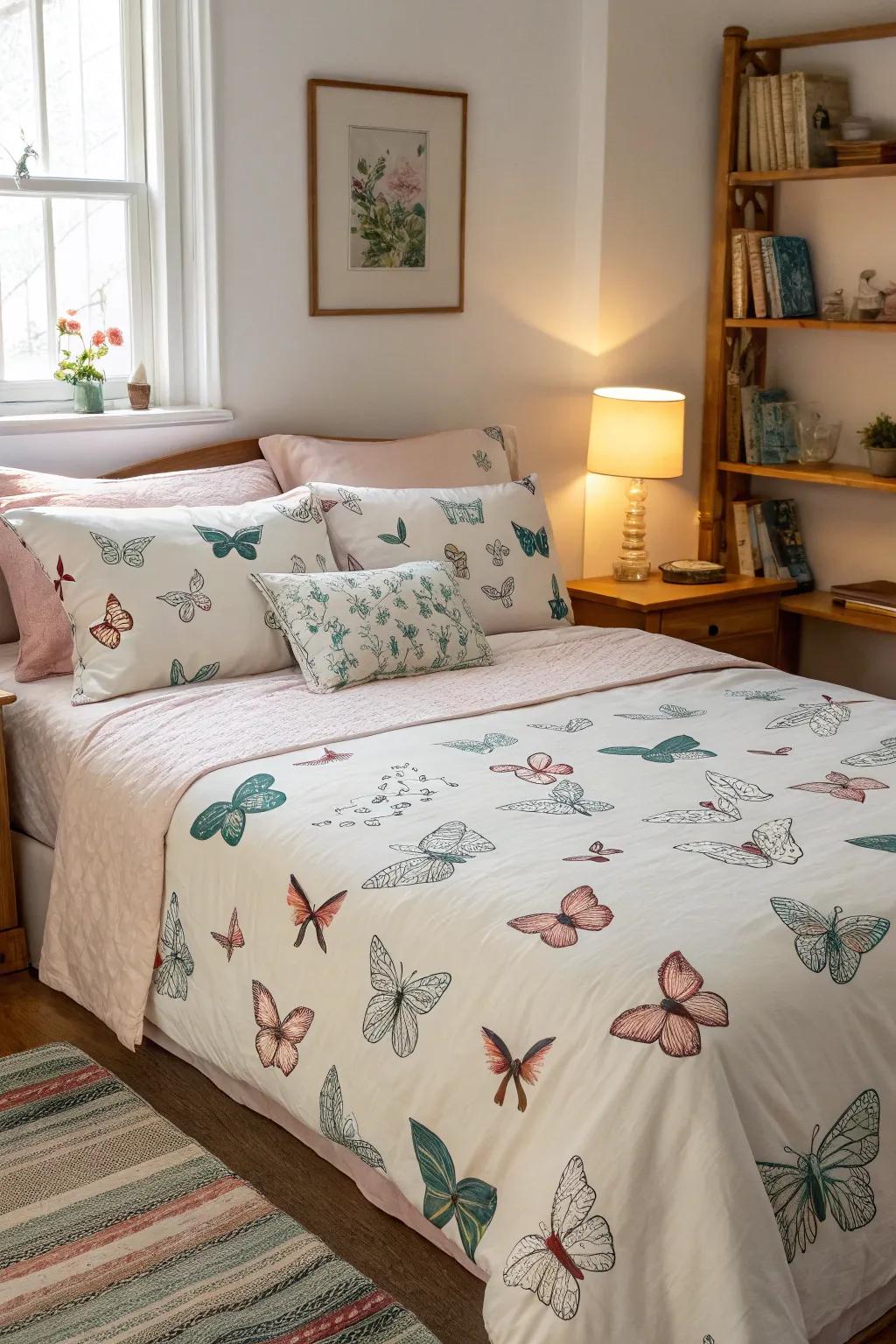 Butterfly bedding establishes a peaceful escape.
