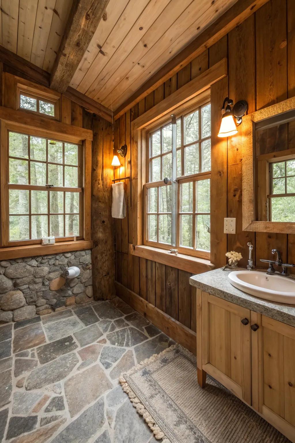 A cabin bathroom emphasizing repurposed barn panels for a unique touch.