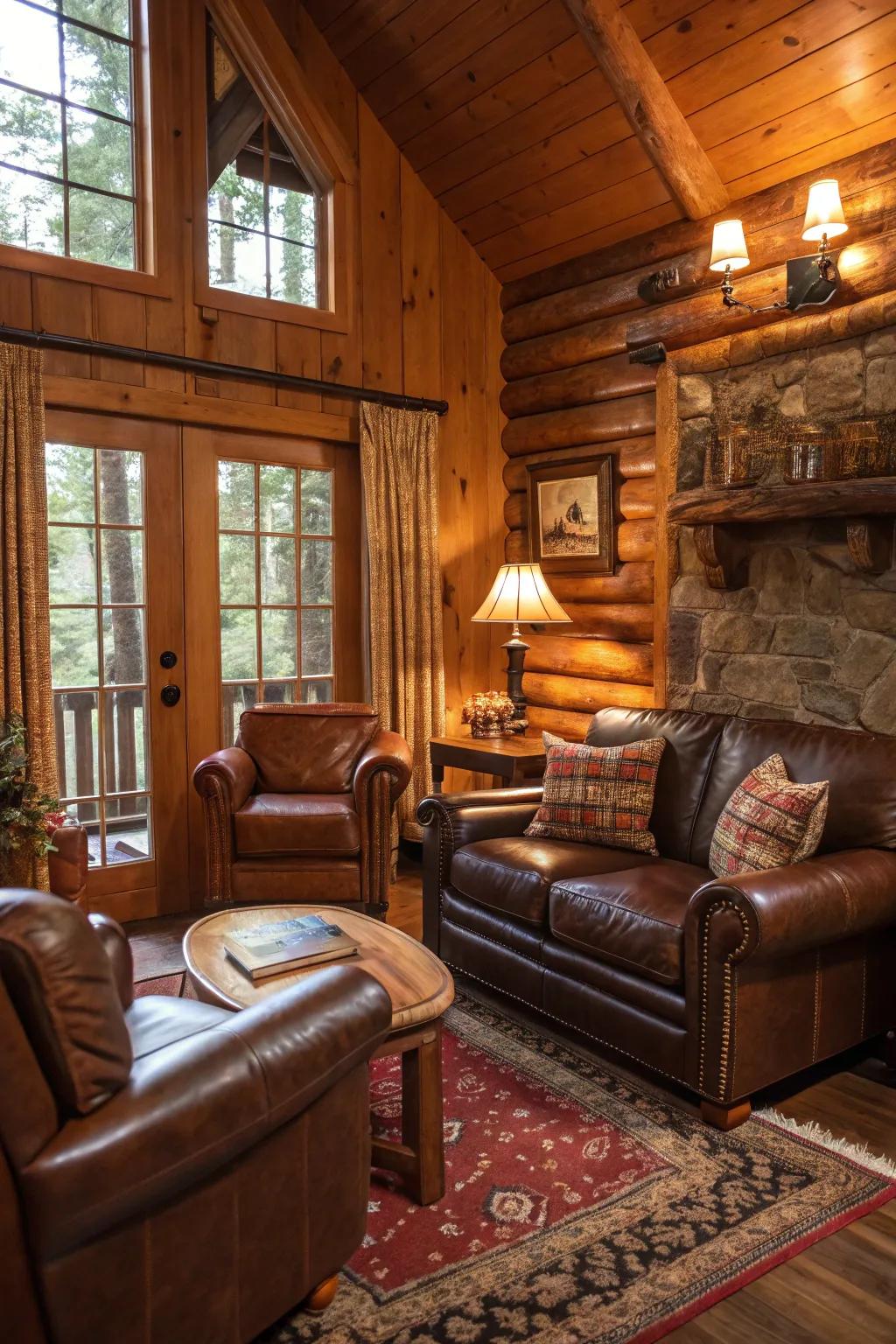 Leather elements that bring a rustic and timeless appeal to the cabin.