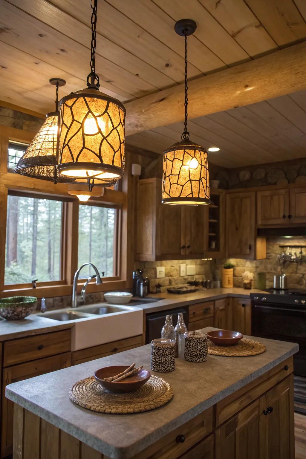 Unique illumination systems inject character into a cabin kitchen.