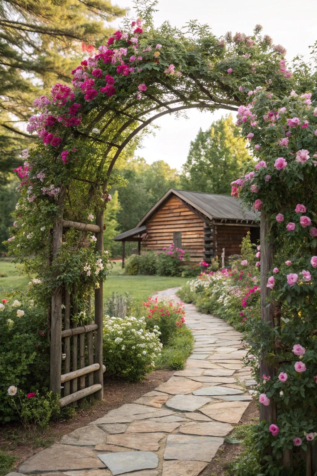 A garden archway creates a stunning entrance to your cabin garden.