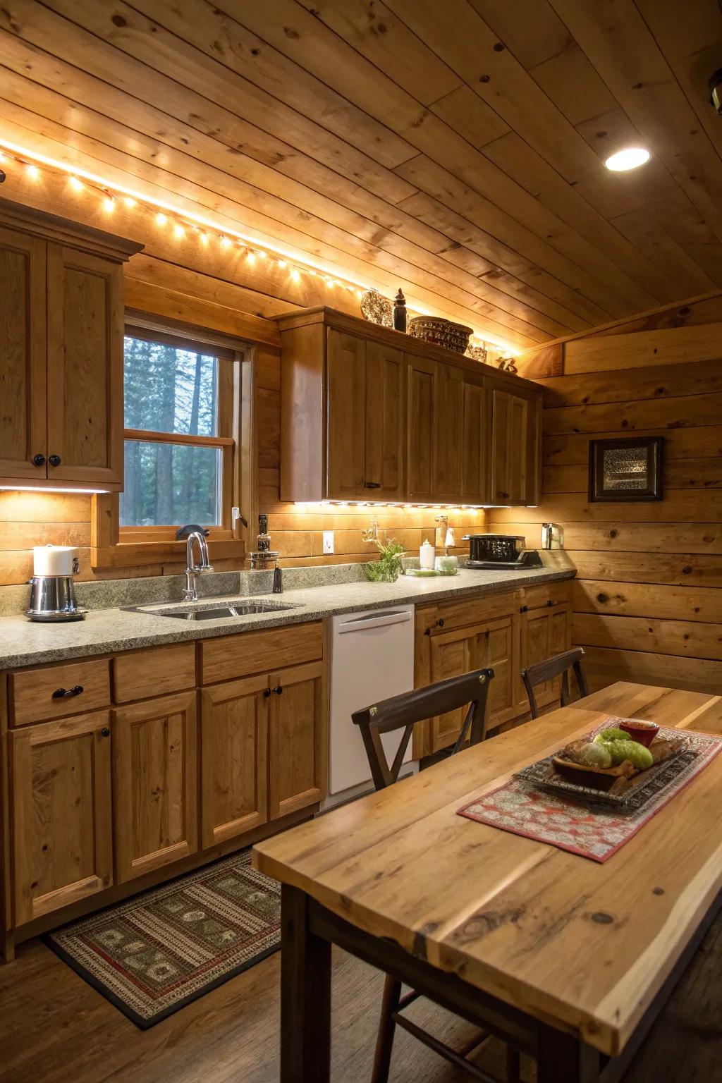Under-cabinet lights adding a practical touch to a cabin kitchen area.