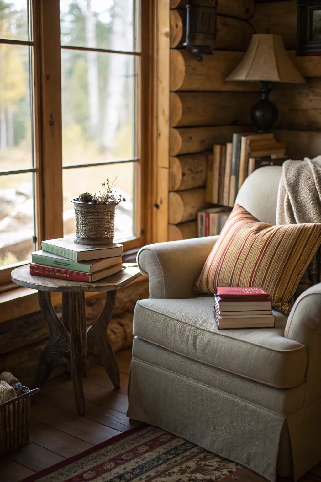 A cozy reading spot by the window offers a great escape.