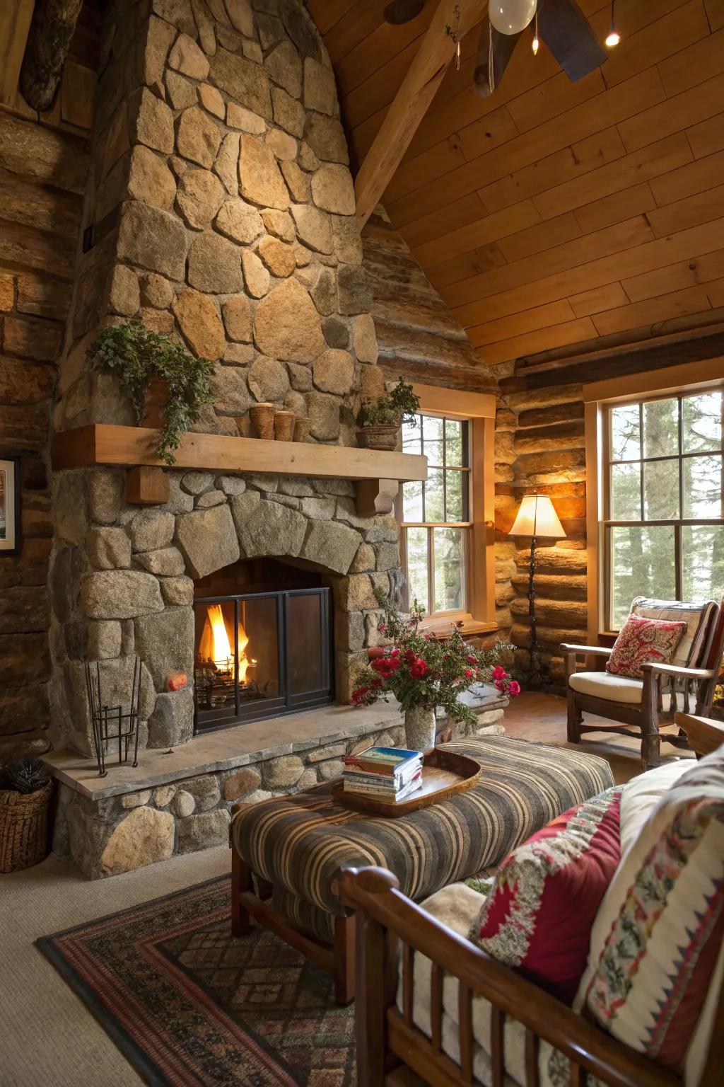 Natural rock features introduce texture and earthiness to the cabin.