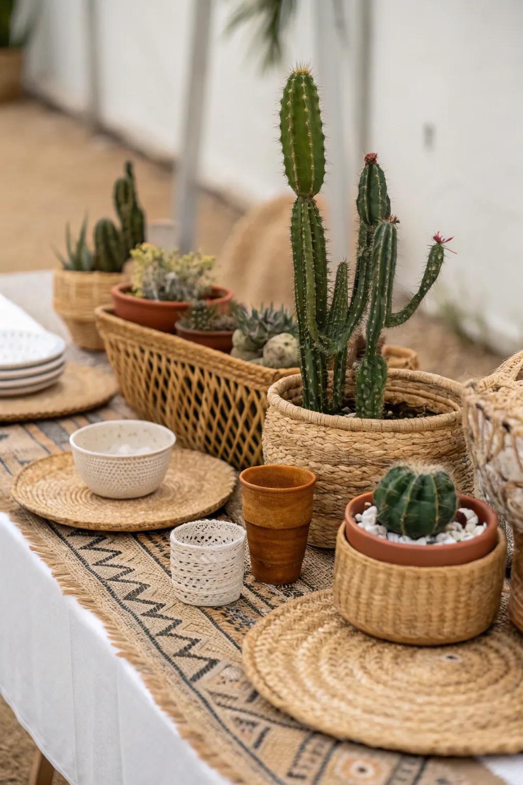 Bohemian vibes with cacti and woven textures establish a relaxed setting.