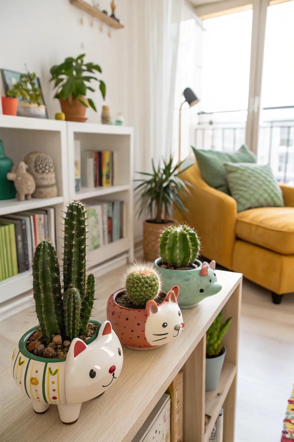 Ceramic animal pots contribute a fun aspect to your cacti space.