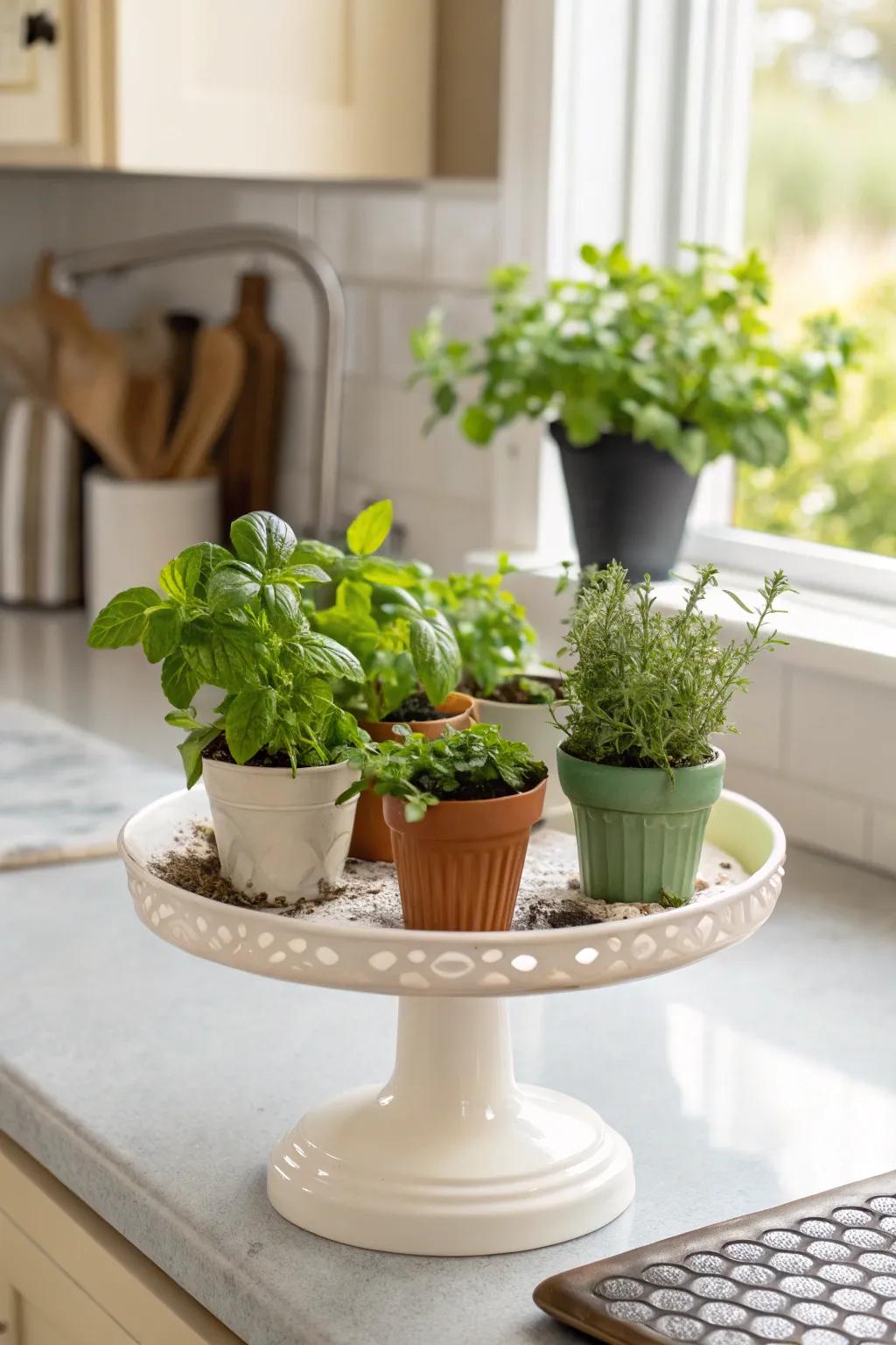 On a cake stand, a miniature herb garden enhances your kitchen with greenery and functionality.