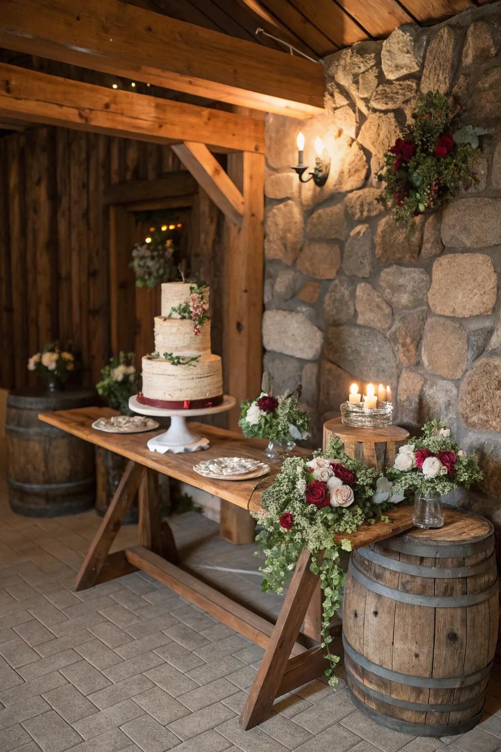 A cake table featuring natural elements, contributing warmth and texture to the display.