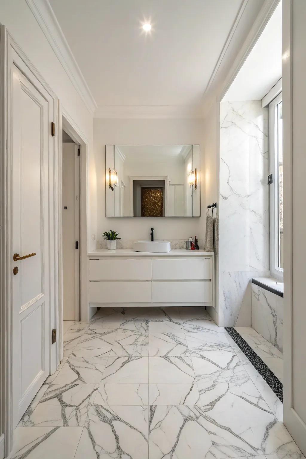 A minimalist bathroom featuring a sophisticated Luminous Stone ground covering.