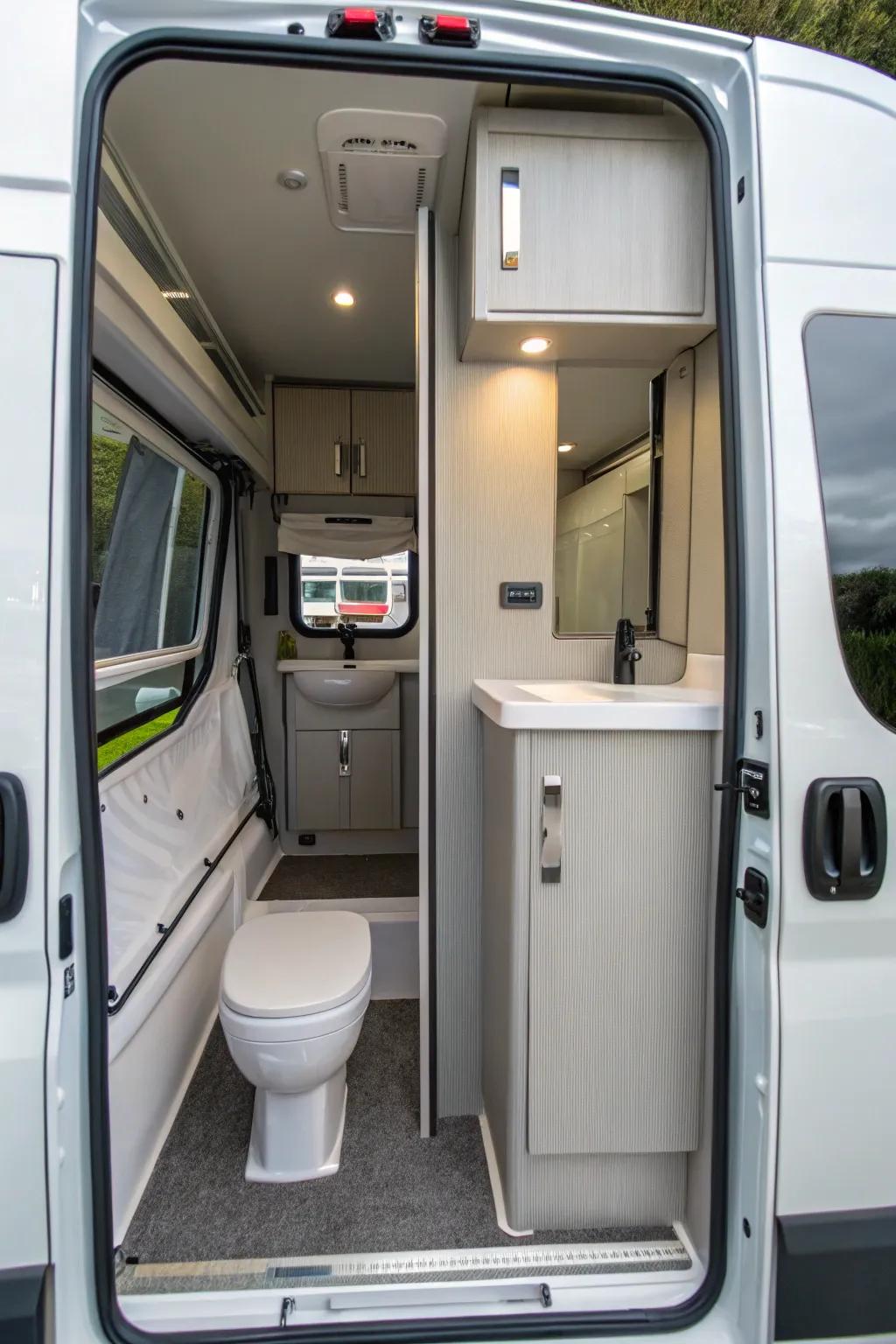 Reflective surfaces in a camper van bathroom enhancing spaciousness.