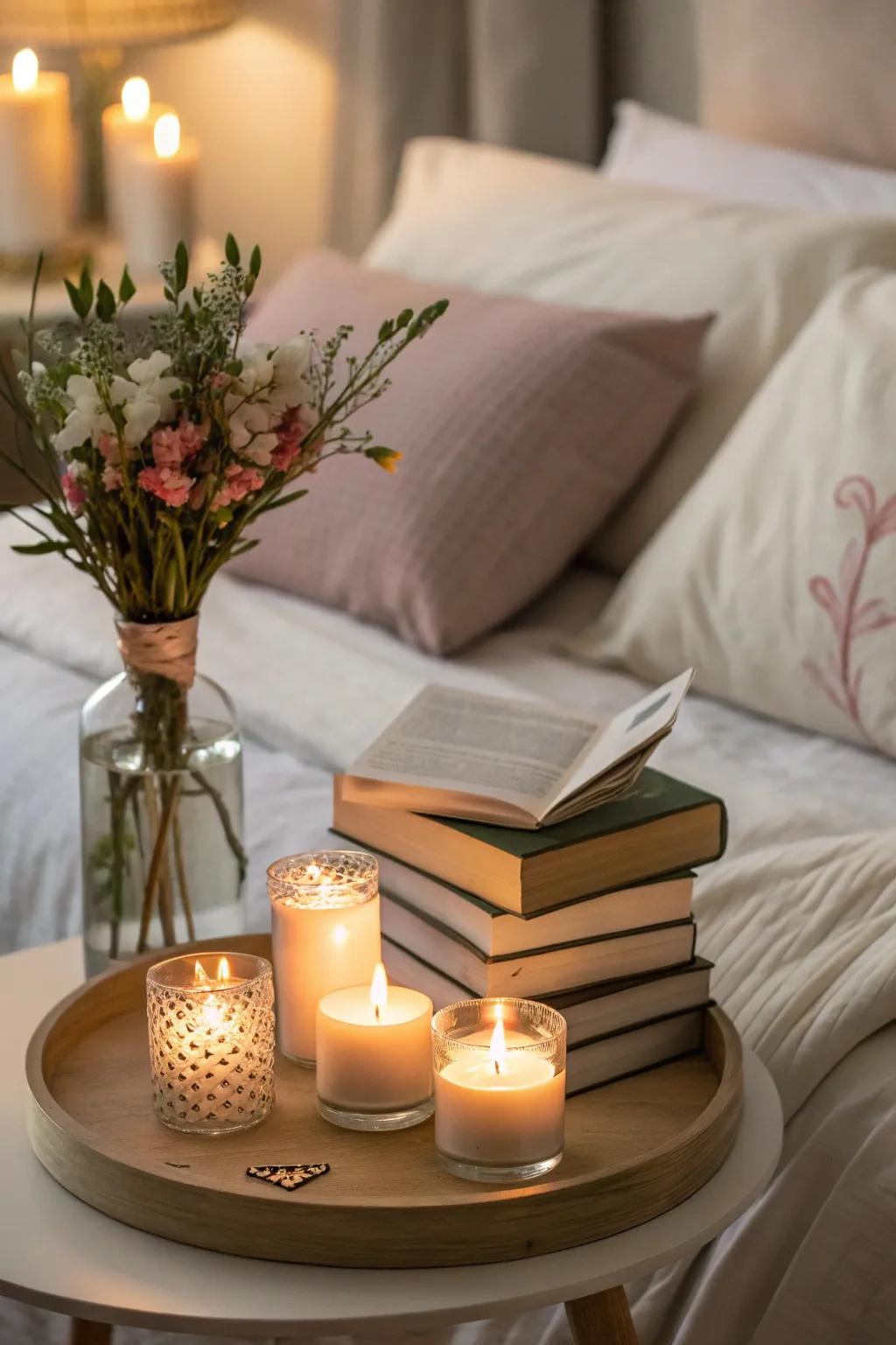 Tiny candles offer a comforting bedside glow.