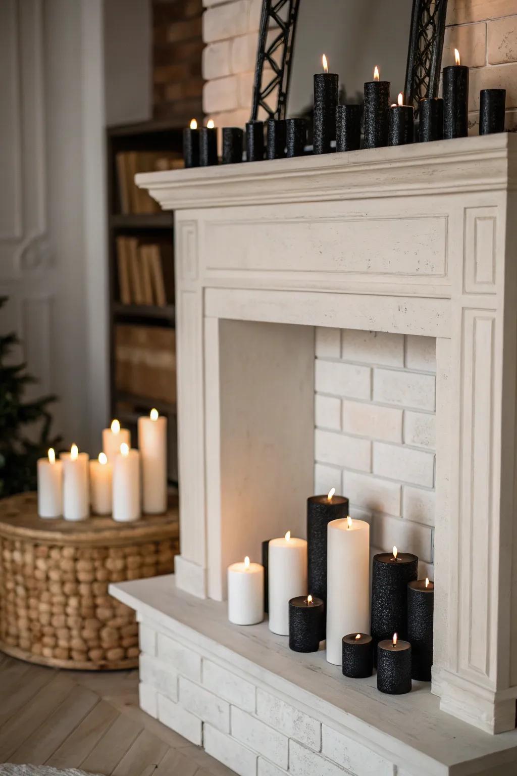 Monochromatic candles present a minimalist and striking visual.