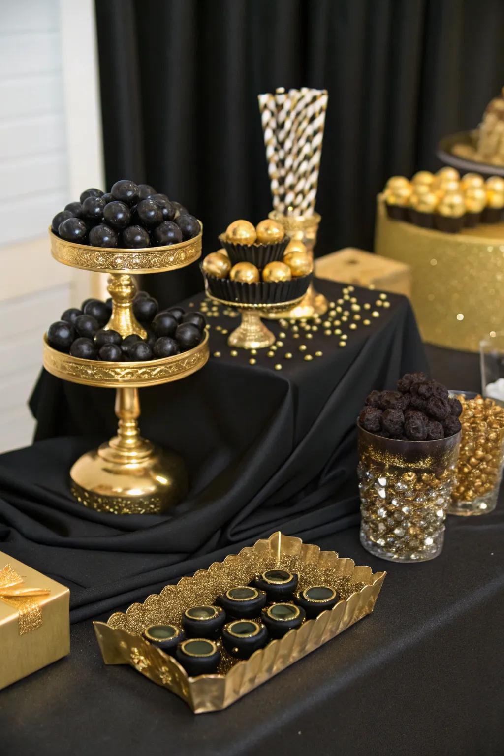A glamorous sweets display that dazzles with black and gold elegance.