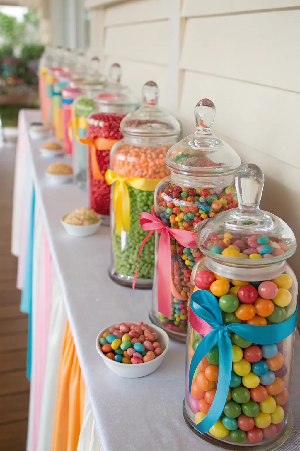 Ribbons can effortlessly tie together your candy buffet's theme.