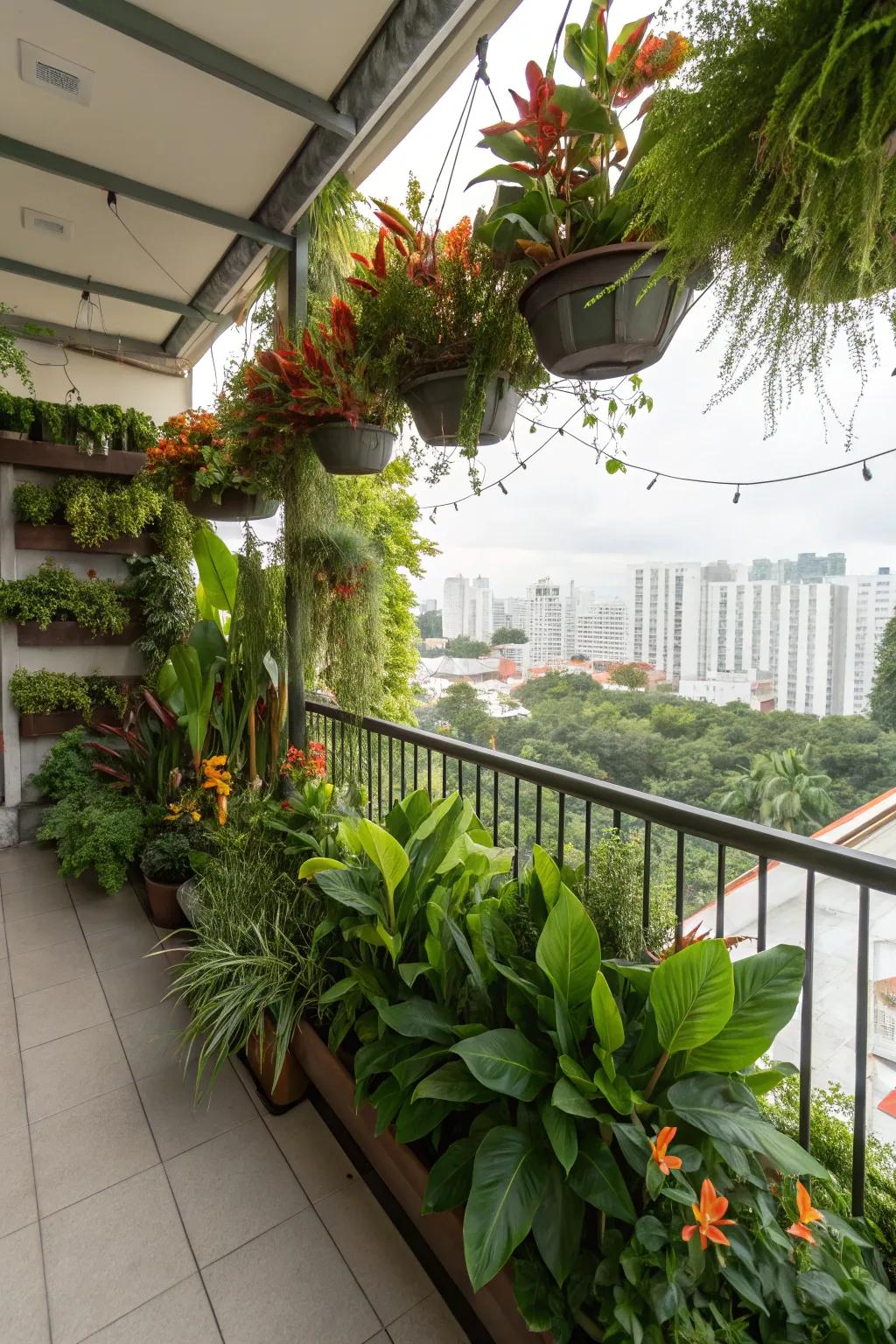 A metropolitan wilderness composed of pinta lilies and leafy flora on a balcony.