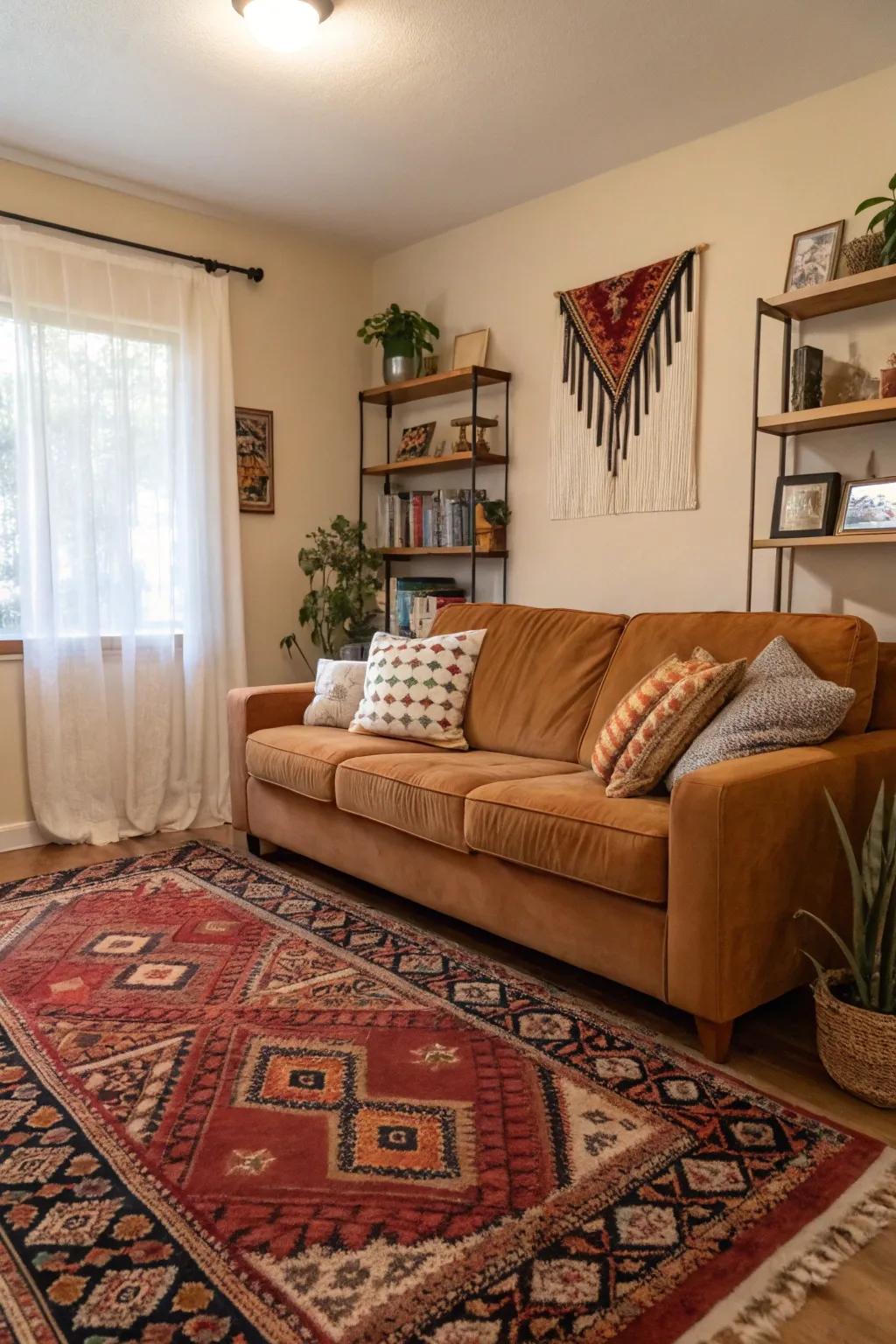 A striking rug grounds the space around a tawny sofa.