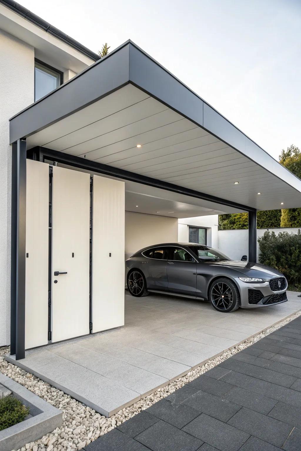 A carport with flush mount doors that project a sleek, contemporary appearance.