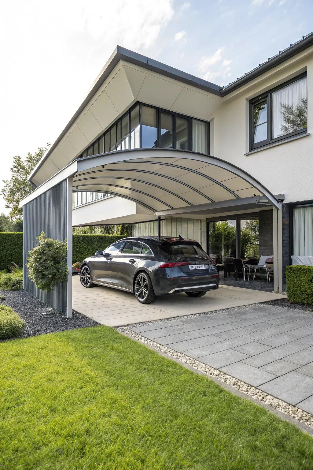 A curved carport adding elegance to the home.
