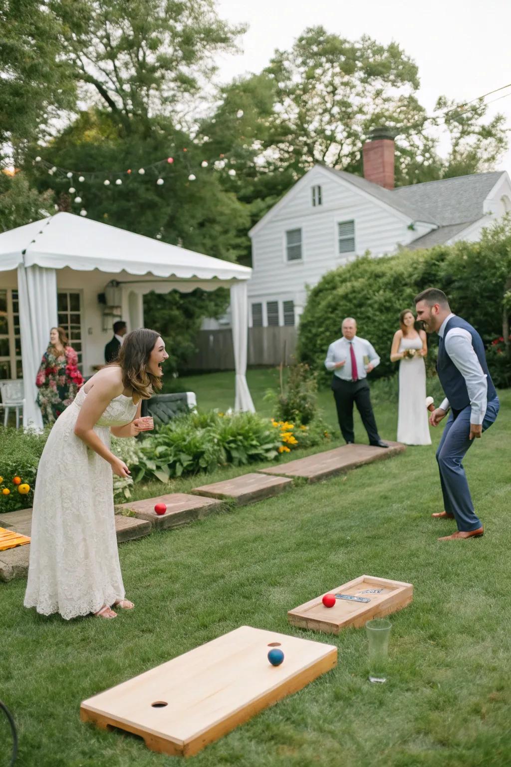 Visitors enjoying interactive lawn games at the wedding.
