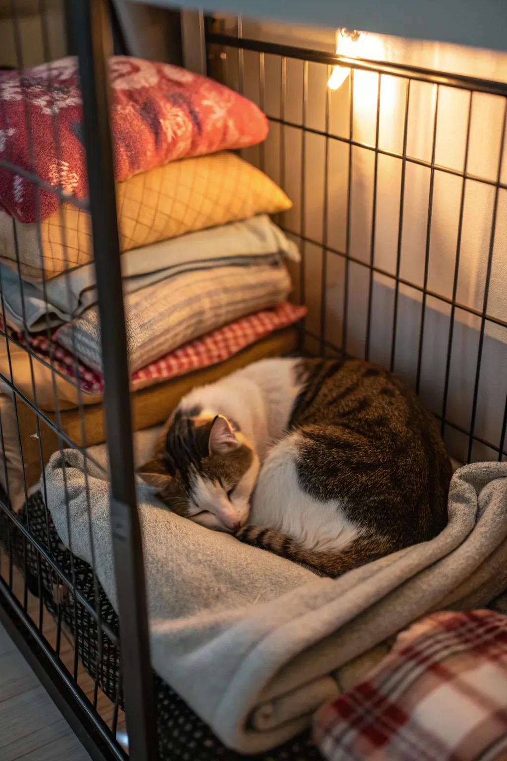 Comforters provide warmth and comfort for a cozy cat corner.