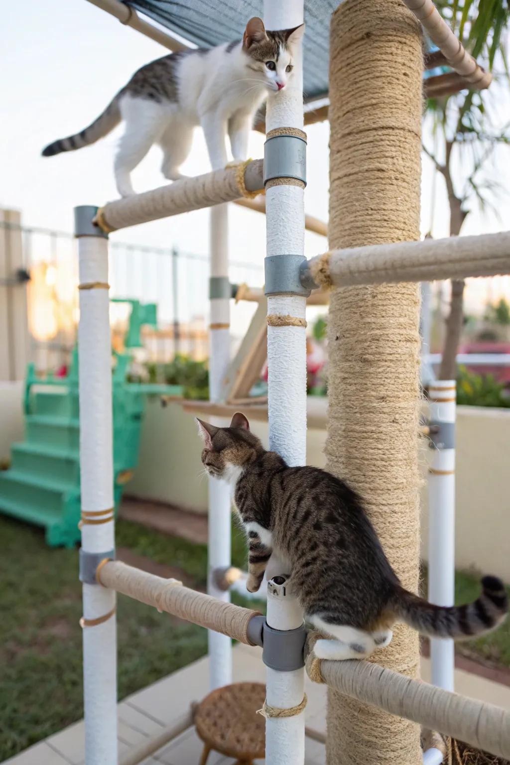 A PVC conduit canopy offering endless climbing fun for cats.