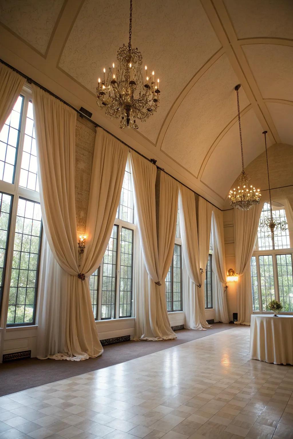 Striking curtains emphasize the elevation and grace of the space.