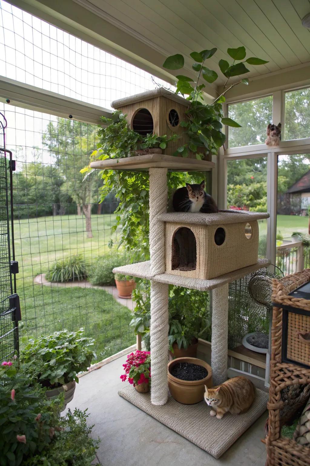 A multi-story feline perch in a catio, inviting exploration and play.