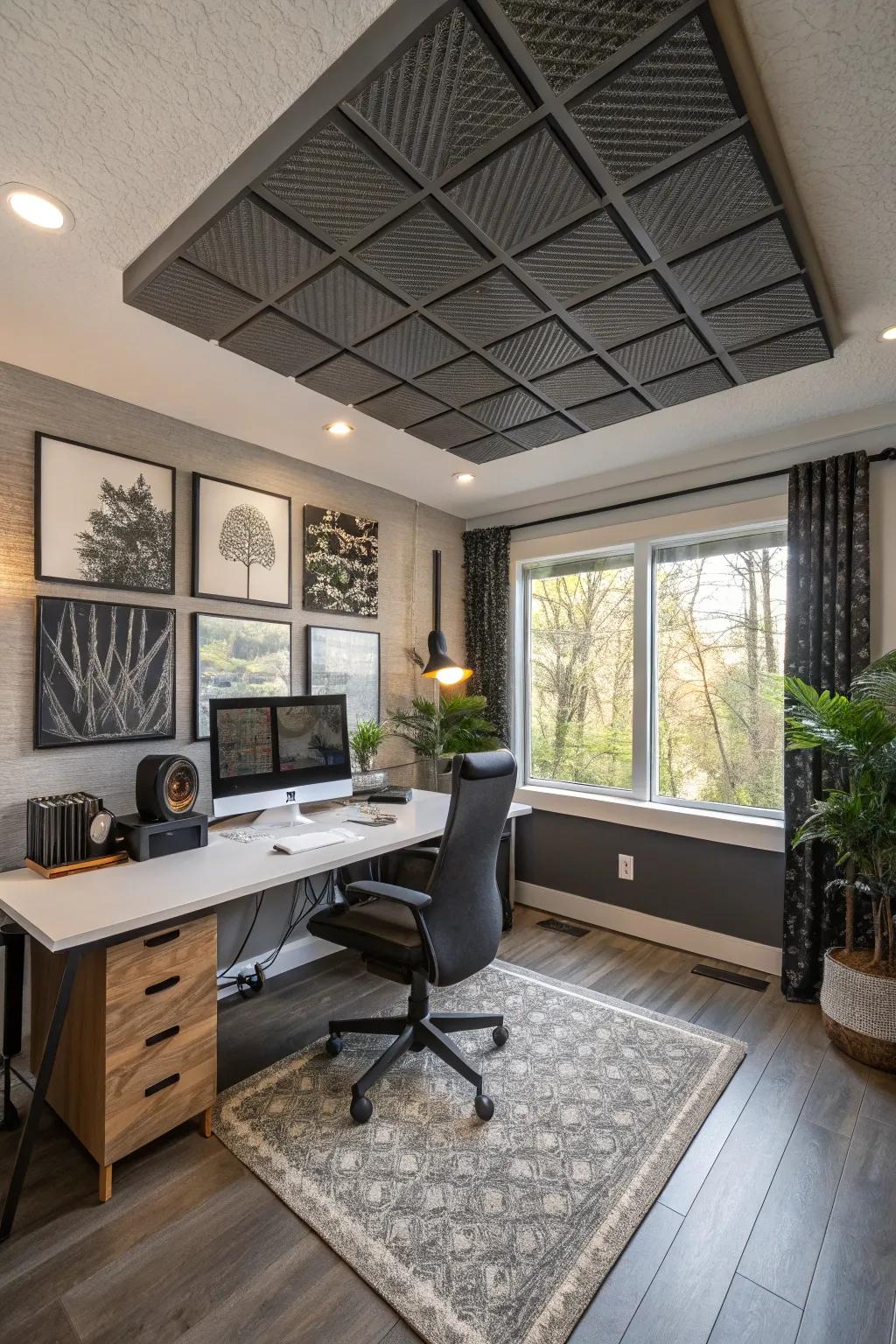 Soundproof ceiling coverings for a peaceful home office.