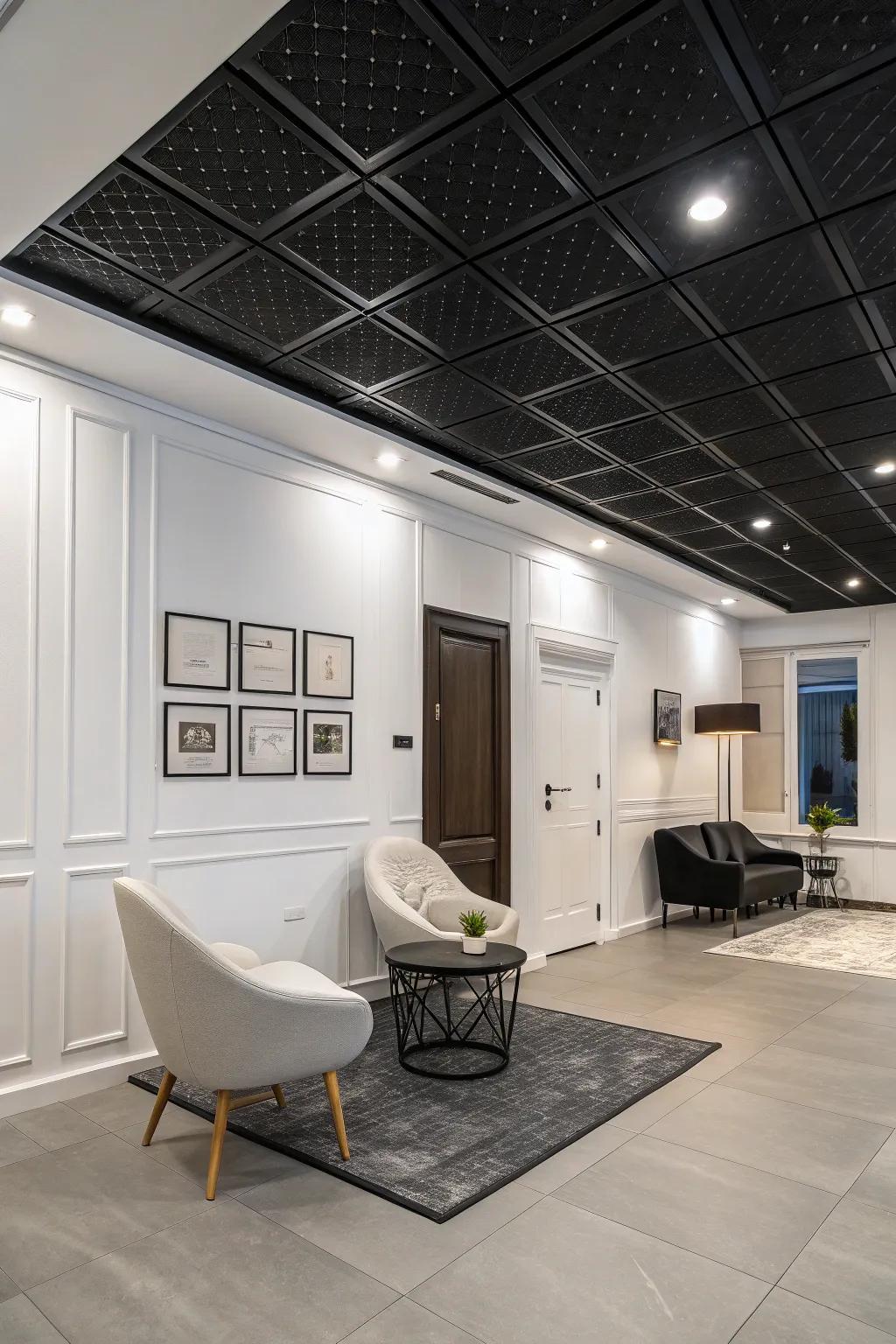 A sensational room featuring charcoal ceiling shingles for contrast.