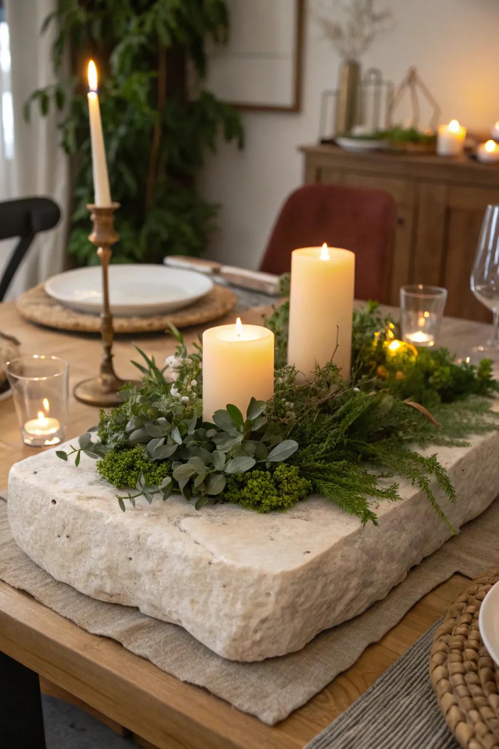 Earthy sophistication with a stone fragment centerpiece foundation.