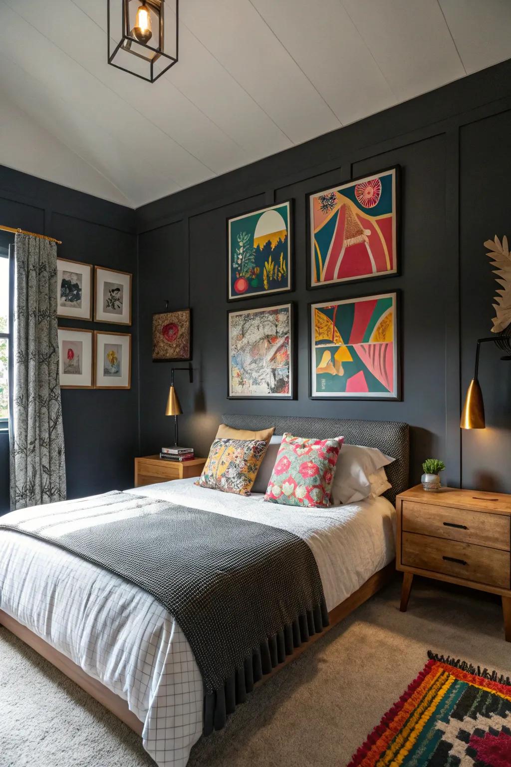 Striking artwork enriches color and character to deep gray walls.